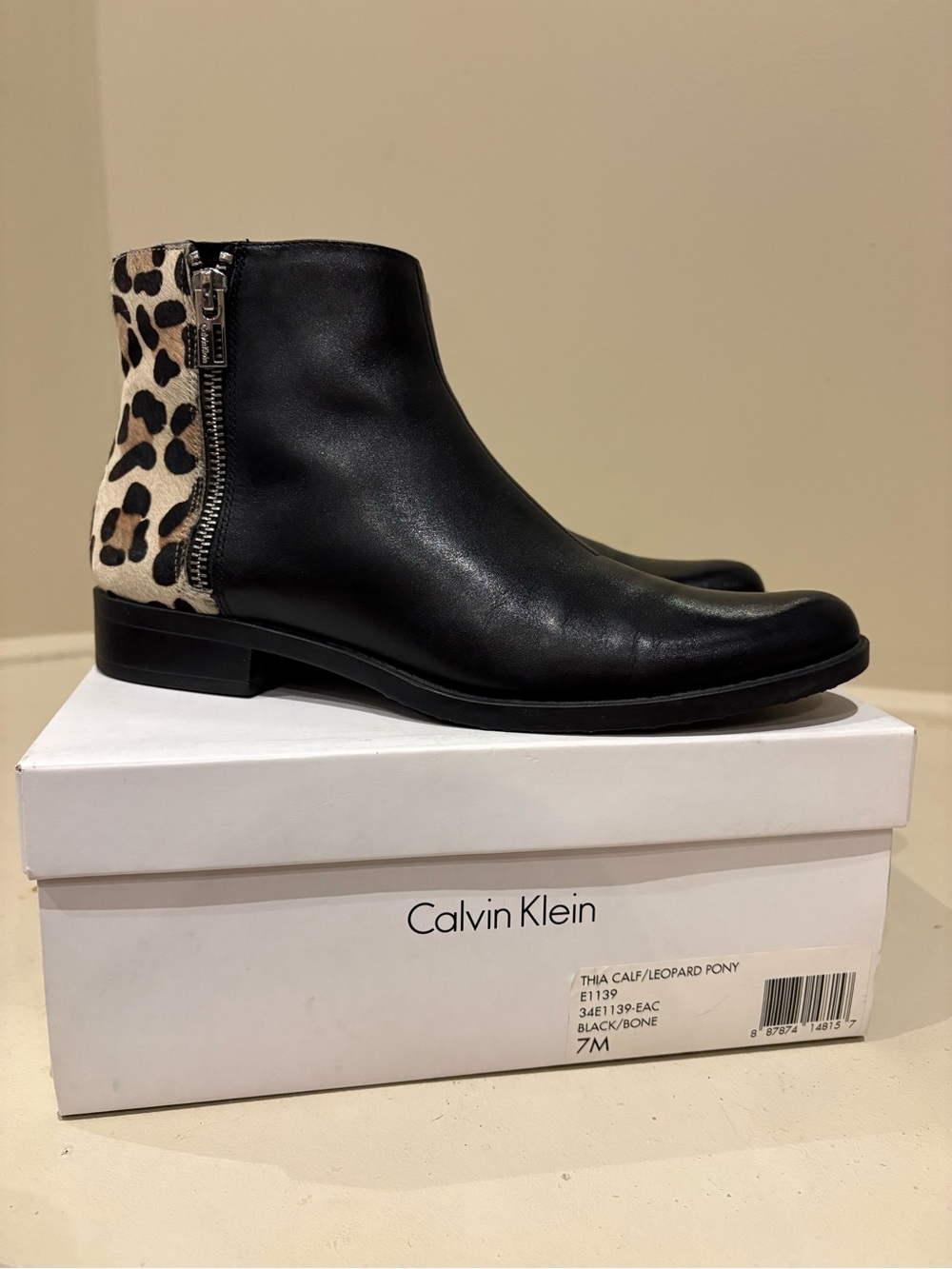Calvin Klein Women’s Black Leather Ankle Boots with Leopard Heel